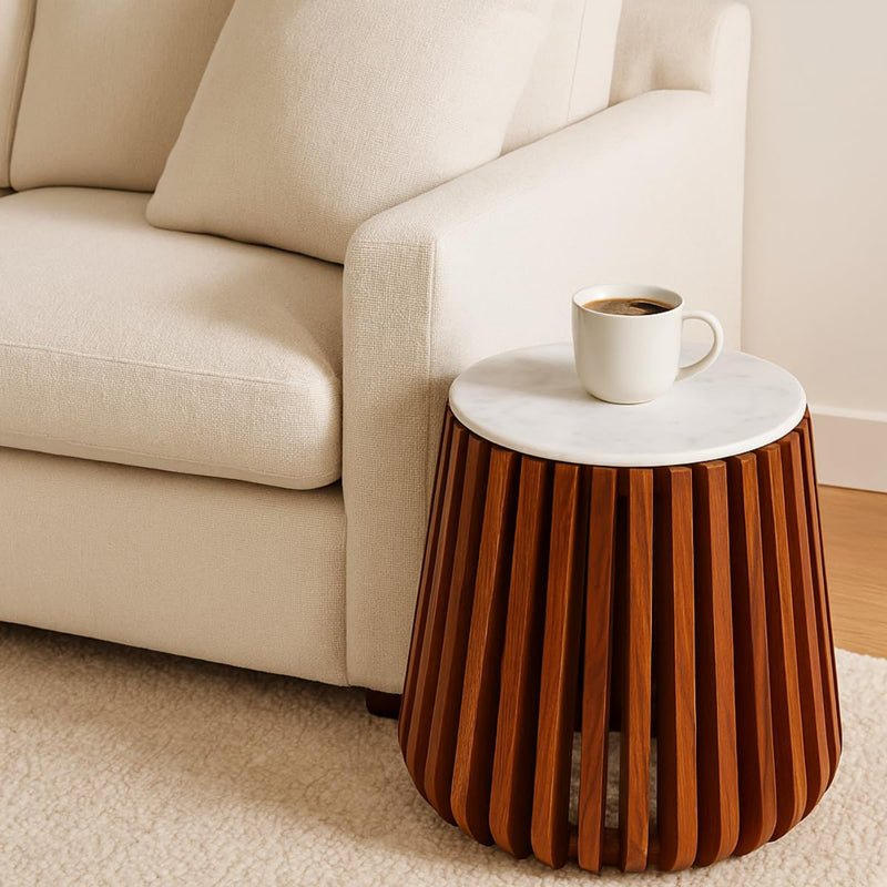 Sheesham Wood Coffee and Side Table Set with White Natural Marble Top, Set of 2