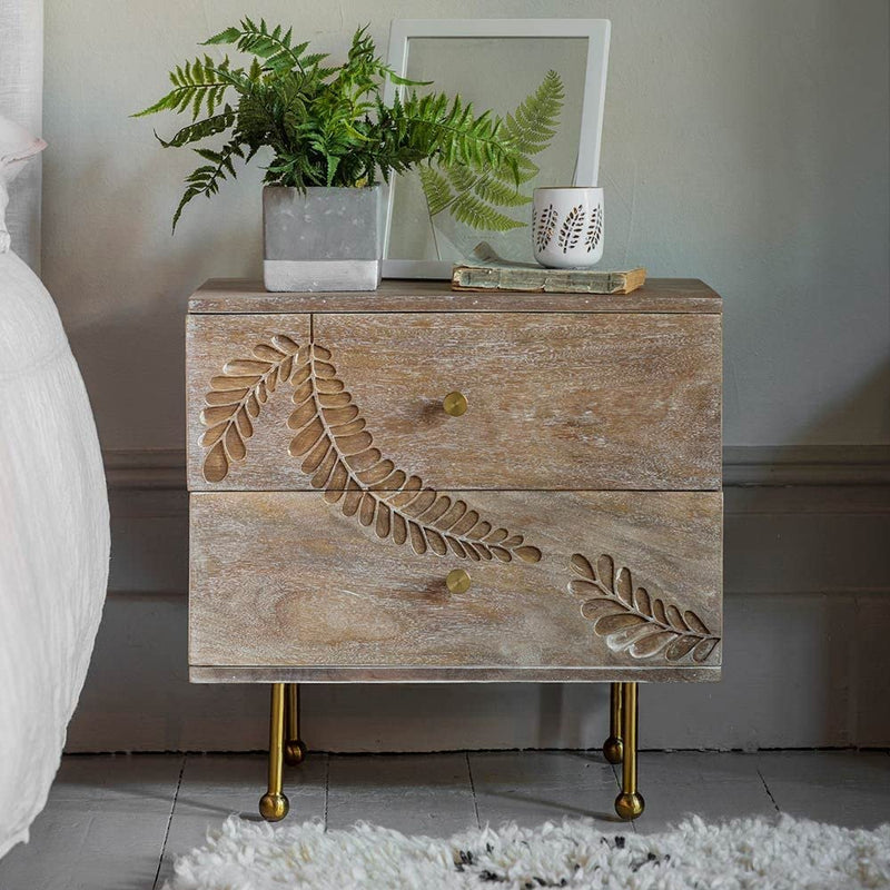 Suryavanshi Fern Bedside Drawers - Hand-Carved Elegance in Mango Wood (35D x 55W x 55H Cm)