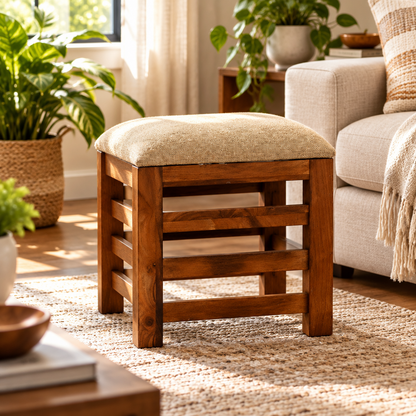 Suryavanshi Sheesham Wood Cushioned Seat Pouffe, Stool, Pouffe, Stool Chair
