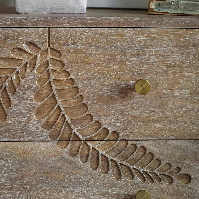 Suryavanshi Fern Bedside Drawers - Hand-Carved Elegance in Mango Wood (35D x 55W x 55H Cm)