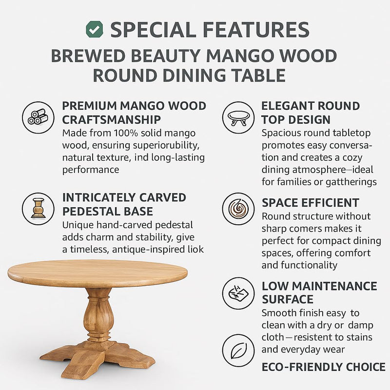 Suryavanshi Mango Wood Round Dining Table with French Legs - 4 & 6  Seater Options Available (Table Only)