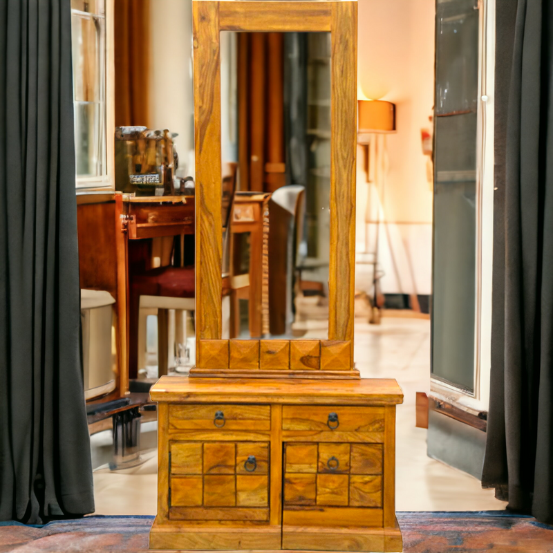 Suryavanshi Sheesham Wood 2-Door 2-Drawer Dressing Table – Diamond Pattern – Metal Ring Handles
