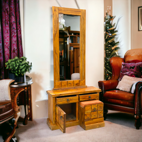 Suryavanshi Sheesham Wood 2-Door 2-Drawer Dressing Table – Diamond Pattern – Metal Ring Handles
