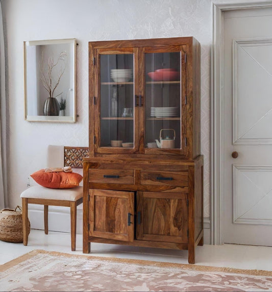 Suryavanshi Sheesham Wood Sierra Crockery Cabinet | Hutch Cabinet Solid Wood Kitchen Display, Glass Door Hutch with Storage Drawers, Rustic Brown (Natural Finish)