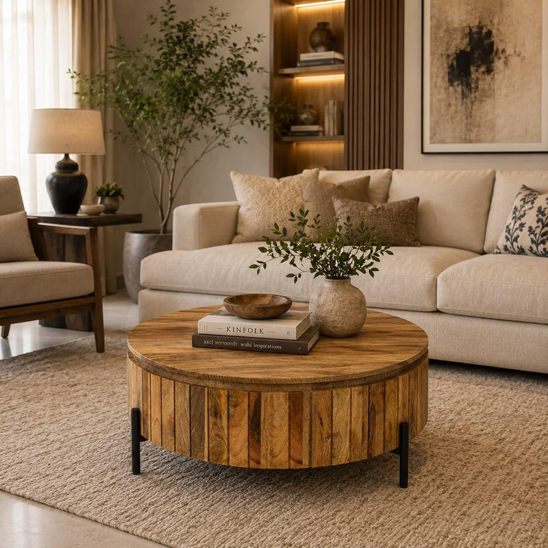 Solid Mango Wood Coffee Table with Black Metal Legs for Living Room