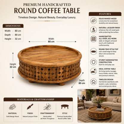 Solid Mango Wood Round Low Height Carving Coffee Table