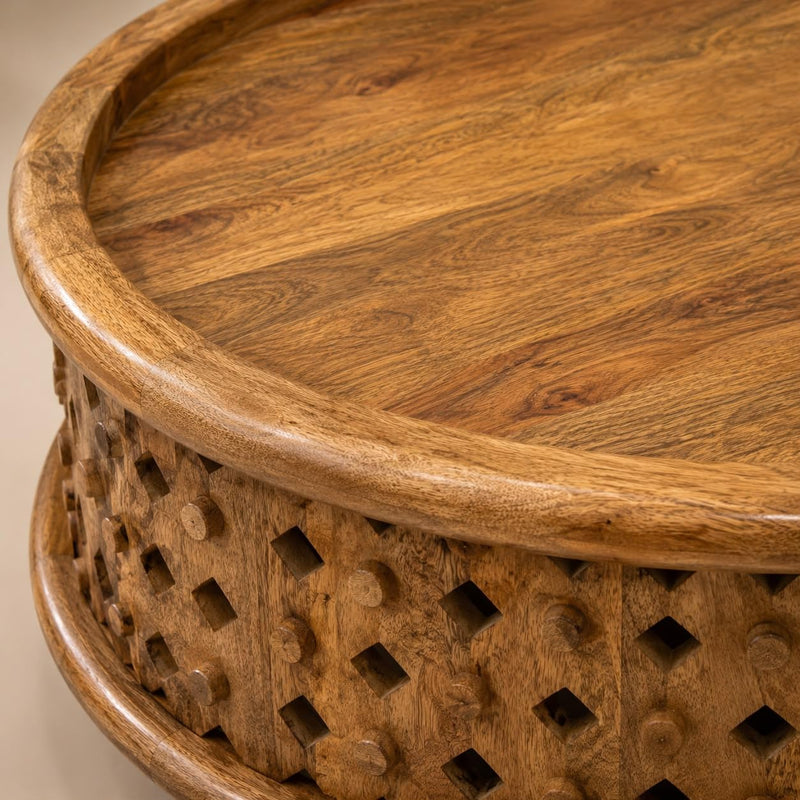 Solid Mango Wood Round Low Height Carving Coffee Table