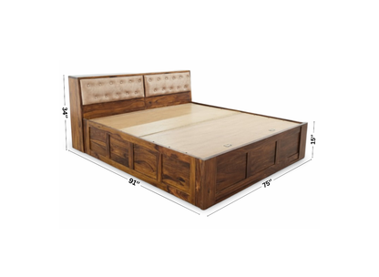 JARVIS Sheesham Wood King Size Bed with Hydraulic Storage & Upholstered Headboard