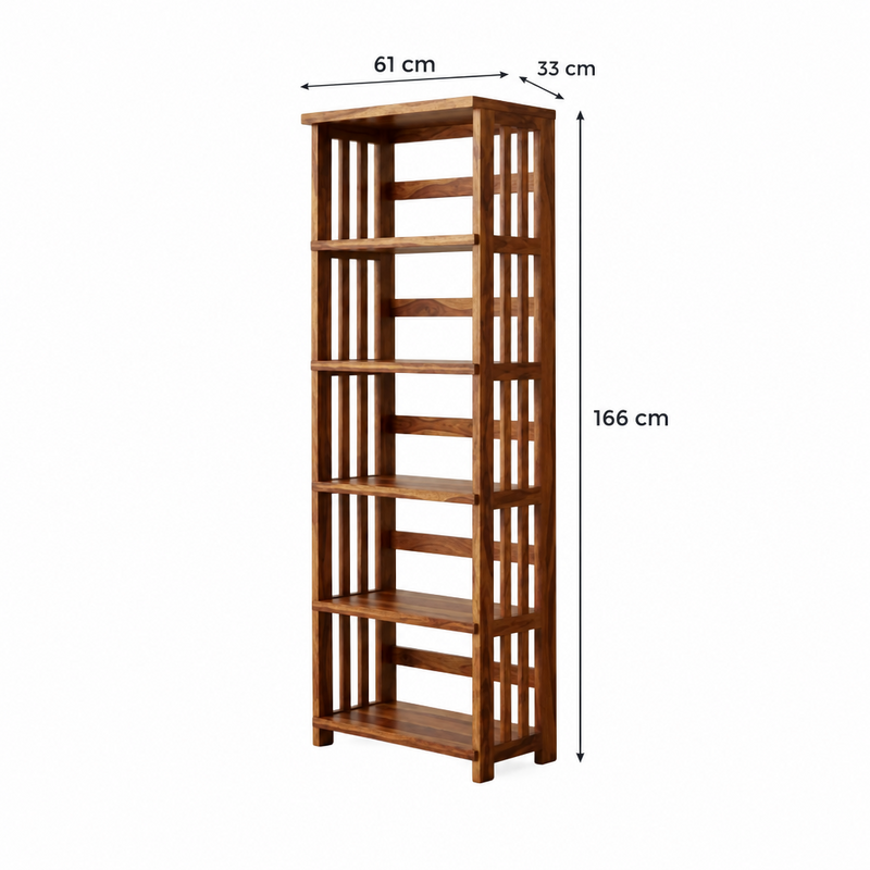 Suryavanshi Oxford Handcrafted Sheesham Wood Large Open Bookshelf – Honey Finish | 5-Tier Book Rack
