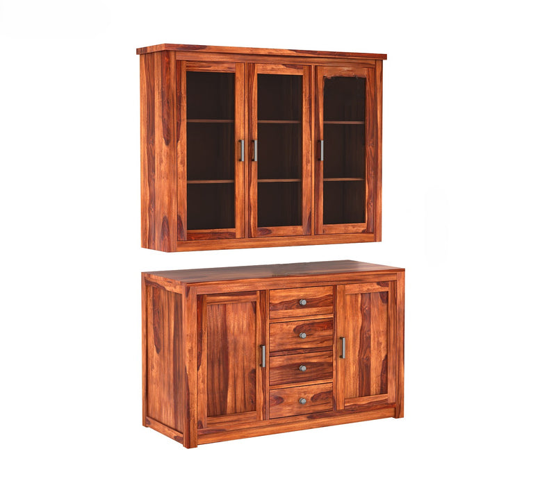 Suryavanshi Furniture Sheesham Wood Kitchen Buffet | Hutch Cabinet : Elegant Storage Solution with Glass Doors and Drawers | Crockery Cabinet | Natural Finish