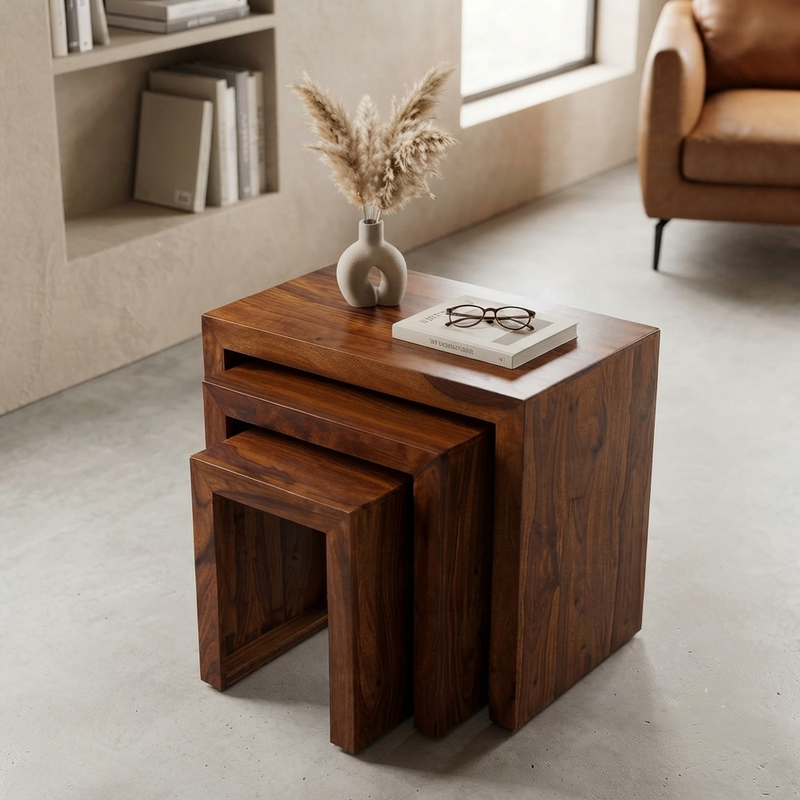 Suryavanshi Venice Solid Wood Nesting Tables Set of 3, Handcrafted Side Tables