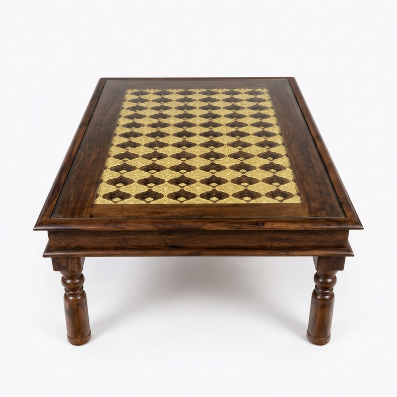 Stratford Sheesham Wood Center Table with Glass Top and Ornate Brass Work – Handcrafted Style