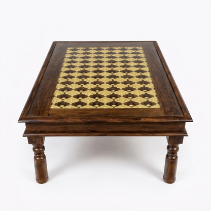 Stratford Sheesham Wood Center Table with Glass Top and Ornate Brass Work – Handcrafted Style