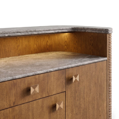 Bentley Fluted Wood Bar Cabinet with Marble Top and Brass Base