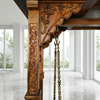Ambar Solid Wood Temple Swing with Stand | Traditional Hand-Carved Wooden Jhula For Living Room