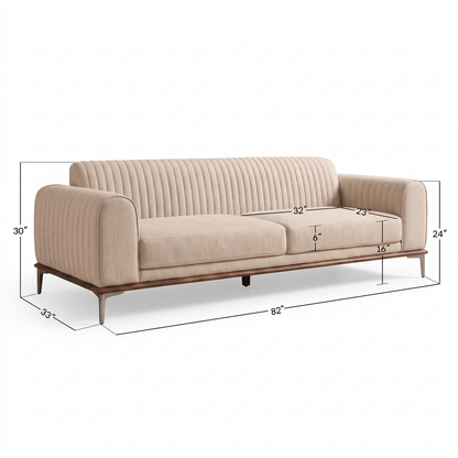 Belmont Luxury Fluted Cream Upholstered 3 Seater Sofa with Metal Legs
