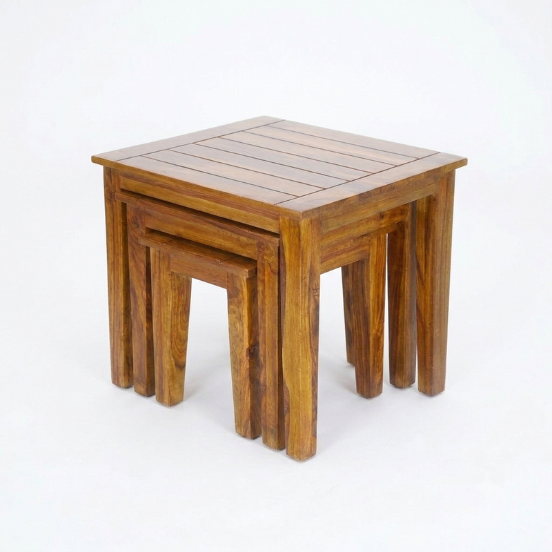 Sheesham Wood Nesting Side Tables Set of 3 – Stackable and Versatile in Honey Finish