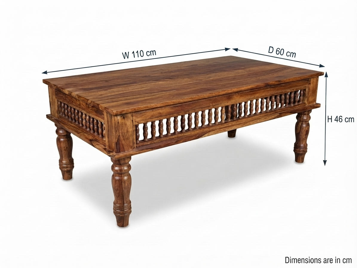Kothari Solid Wood Coffee Table with Carved Spindle Details, Honey Finish