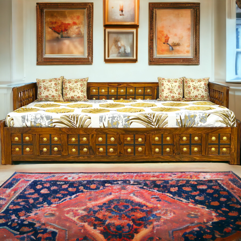Suryavanshi Sheesham Wood Diwan Bed with Box Storage – Brass Work (W188 x D97 x H59 cm)