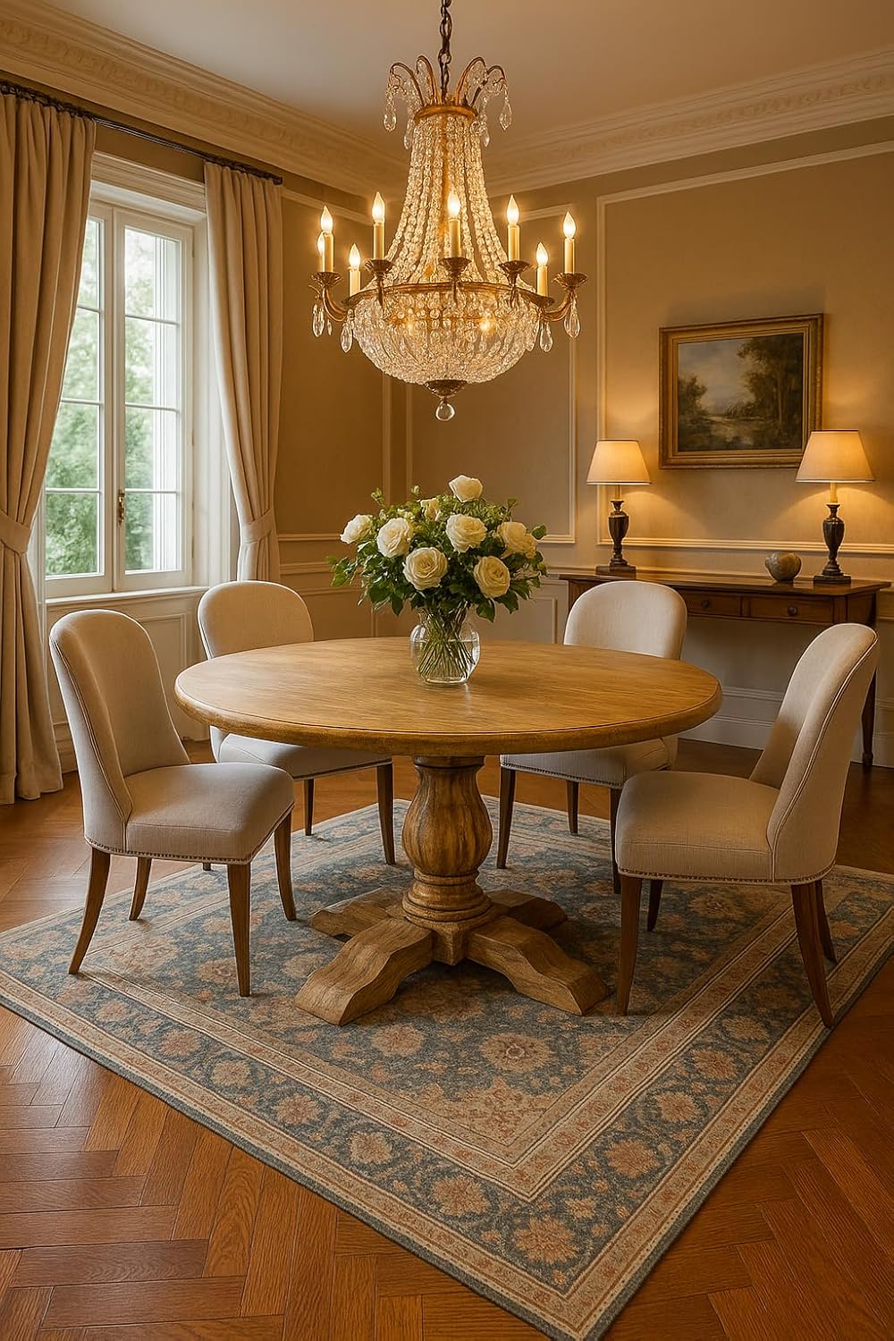 Suryavanshi Mango Wood Round Dining Table with French Legs - 4 & 6  Seater Options Available (Table Only)