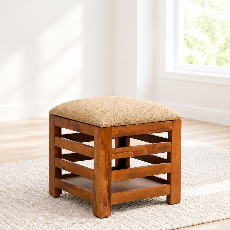 Suryavanshi Sheesham Wood Cushioned Seat Pouffe, Stool, Pouffe, Stool Chair