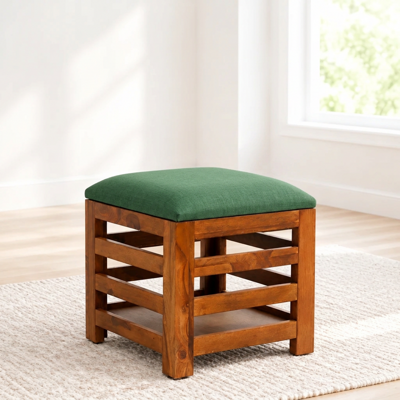Suryavanshi Sheesham Wood Cushioned Seat Pouffe, Stool, Pouffe, Stool Chair