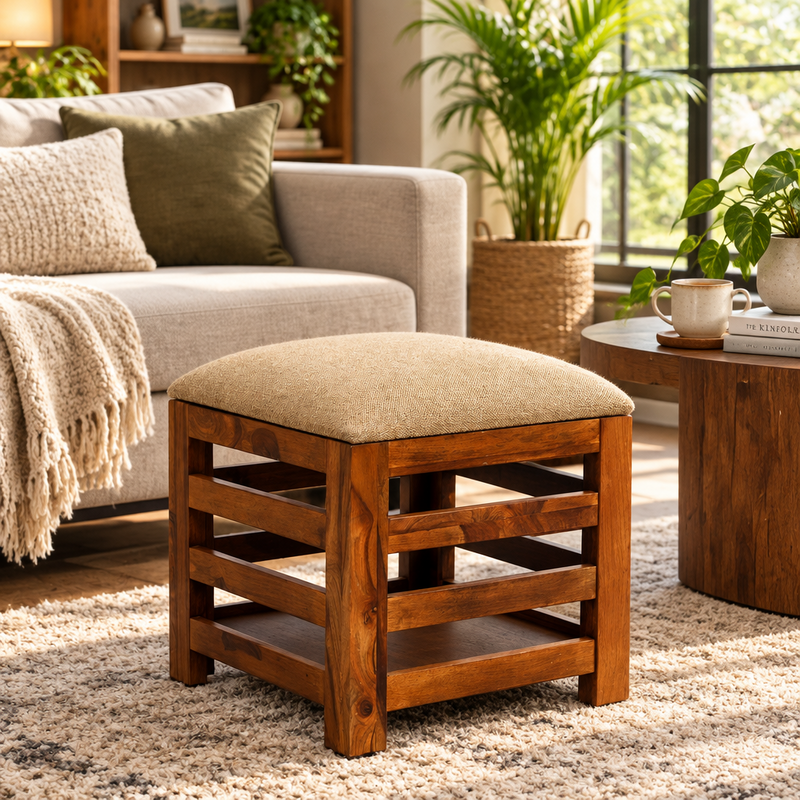 Suryavanshi Sheesham Wood Cushioned Seat Pouffe, Stool, Pouffe, Stool Chair