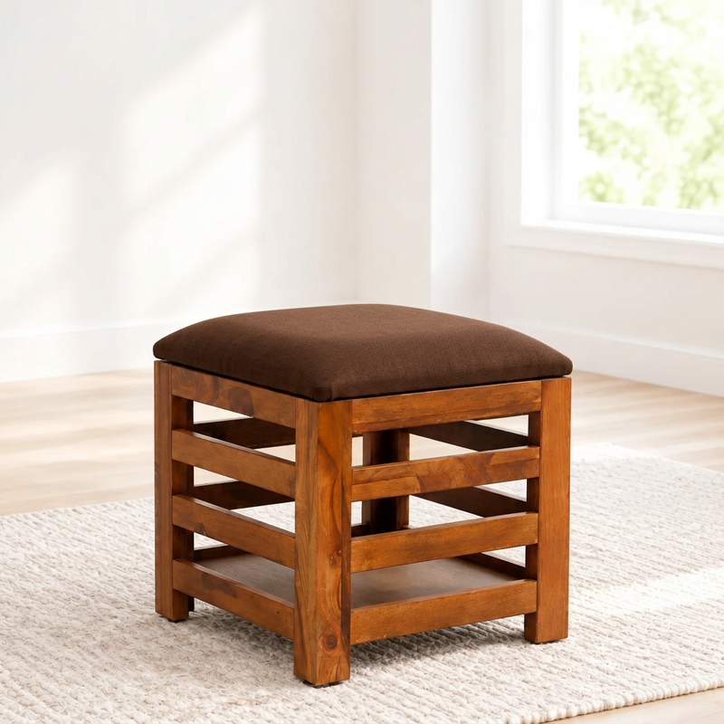 Suryavanshi Sheesham Wood Cushioned Seat Pouffe, Stool, Pouffe, Stool Chair