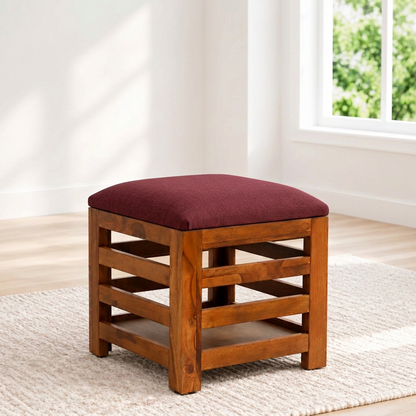 Suryavanshi Sheesham Wood Cushioned Seat Pouffe, Stool, Pouffe, Stool Chair