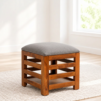 Suryavanshi Sheesham Wood Cushioned Seat Pouffe, Stool, Pouffe, Stool Chair