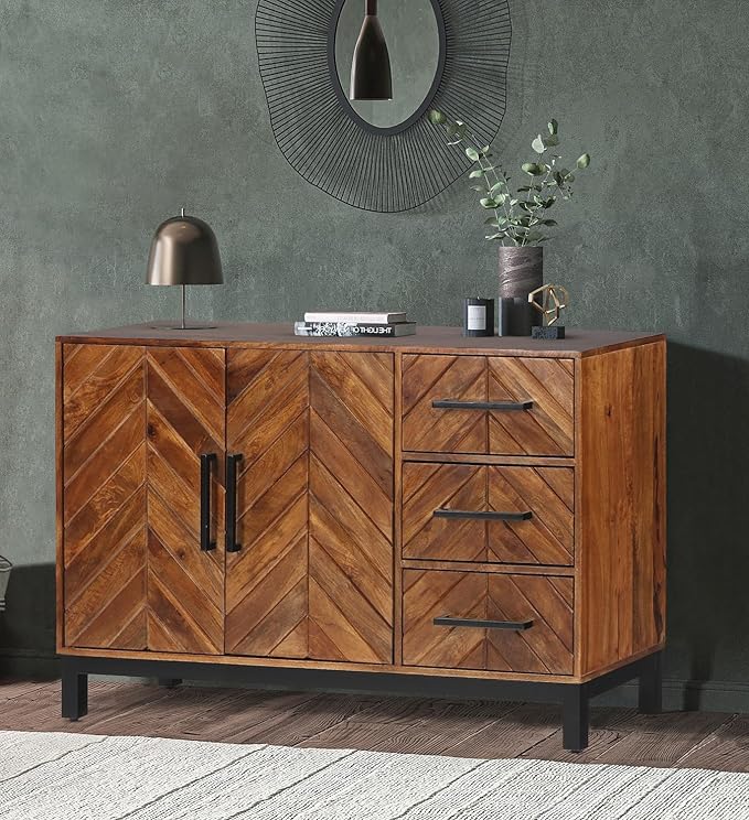 Suryavanshi Sheesham Wooden Sideboard Cabinet for Living Room Kitchen Crockery Cabinets with 3 Drawers & 2 Door, Wooden Storage Cabinet, Wooden Cabinet, 40D x 120W x 80H Cm