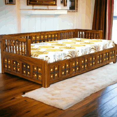 Suryavanshi Sheesham Wood Diwan Bed with Box Storage – Brass Work (W188 x D97 x H59 cm)