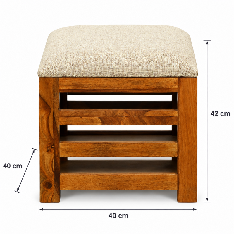 Suryavanshi Sheesham Wood Cushioned Seat Pouffe, Stool, Pouffe, Stool Chair