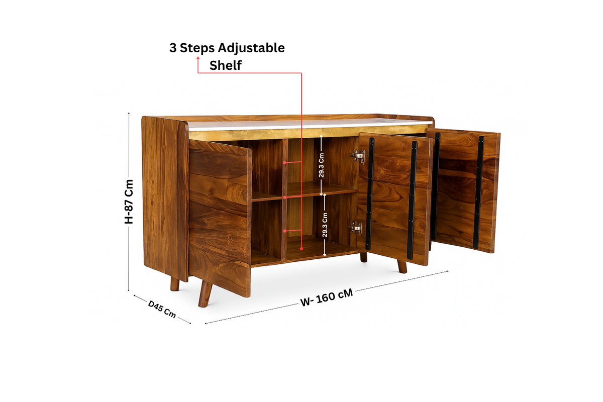 Suryavanshi Solid Sheesham Wood Sideboard Cabinet with White Marble Top, 4-Line Brass Inlay