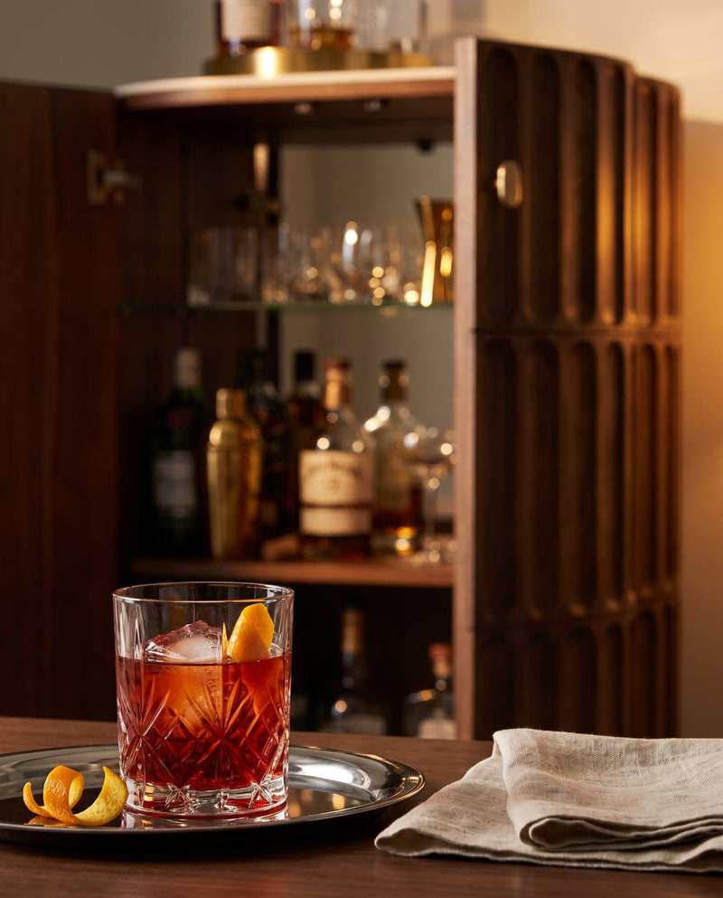 Aurora - Acacia Wood Bar Cabinet with Fluted Panel Design & Natural Marble Top