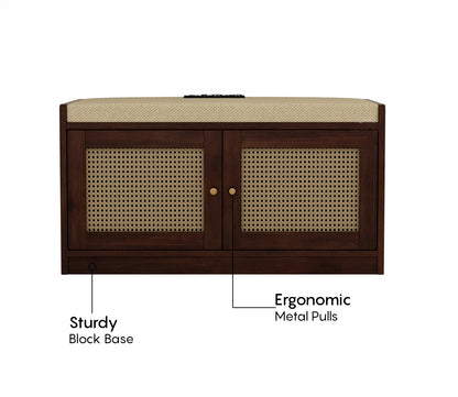 Bockle Premium Solid Wood Shoe Rack With Cane Work & Cushioned Seating