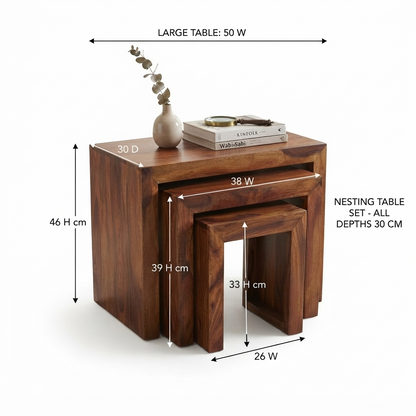 Suryavanshi Venice Solid Wood Nesting Tables Set of 3, Handcrafted Side Tables