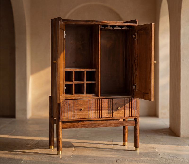 Suryavanshi Sheesham Wood Bar Cabinet with Natural Rattan Cane Doors, Brass Knobs & Brass-Capped Legs