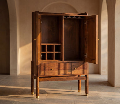 Suryavanshi Sheesham Wood Bar Cabinet with Natural Rattan Cane Doors, Brass Knobs & Brass-Capped Legs