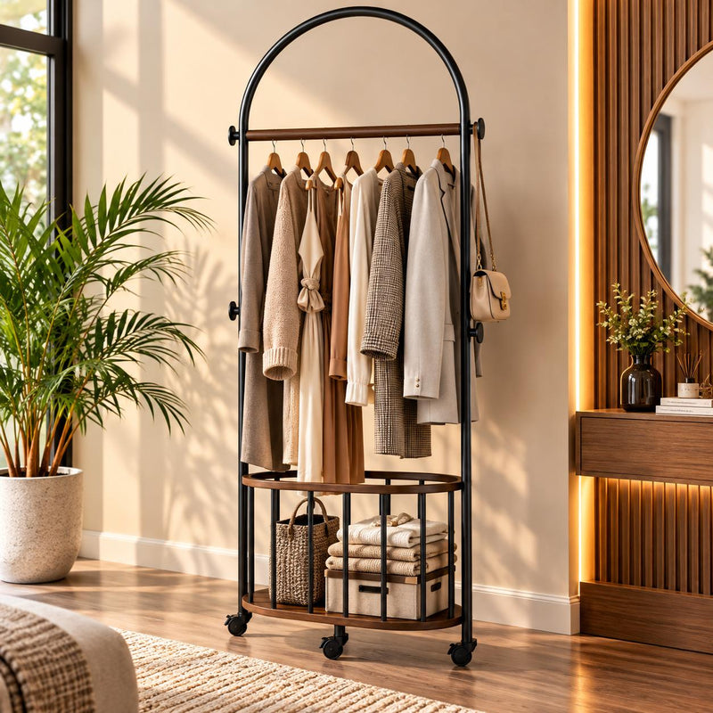 Avior Modern Arched Frame Garment Rolling Rack with Shelves & Wheels – Freestanding Clothes Organizer