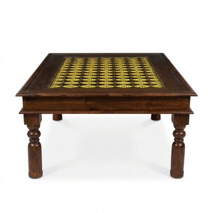 Stratford Sheesham Wood Center Table with Glass Top and Ornate Brass Work – Handcrafted Style