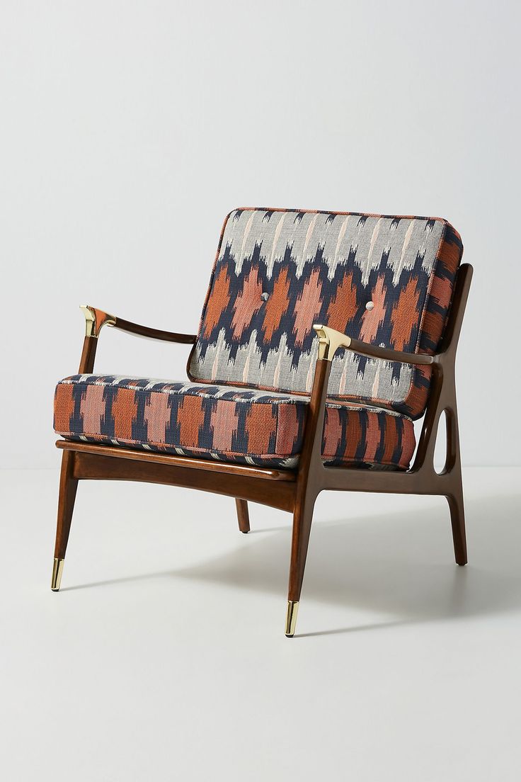 Suryavanshi Bohofusion Accent Chair – Mid-Century Modern Wooden Armchair with Ikat Patterned Upholstery (Multicolor)