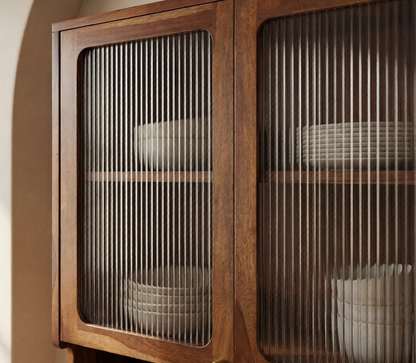 Artisan Small Kitchen Cabinet with Fluted Glass, Cane Weave & Brass Knobs