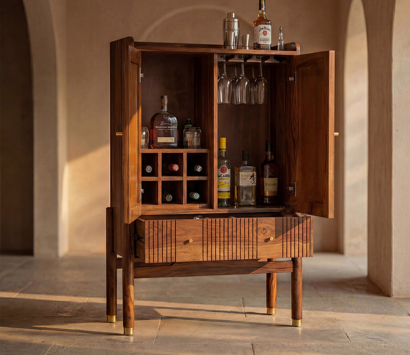 Suryavanshi Sheesham Wood Bar Cabinet with Natural Rattan Cane Doors, Brass Knobs & Brass-Capped Legs