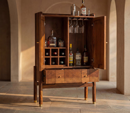 Suryavanshi Sheesham Wood Bar Cabinet with Natural Rattan Cane Doors, Brass Knobs & Brass-Capped Legs