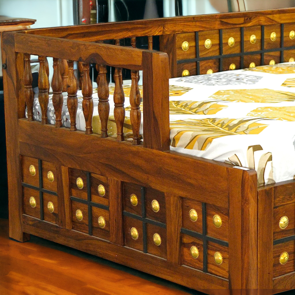 Suryavanshi Sheesham Wood Diwan Bed with Box Storage – Brass Work (W188 x D97 x H59 cm)