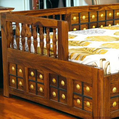 SURYAVANSHI Sheesham Wood Diwan Bed with Box Storage – Brass Work (W188 x D97 x H59 cm)