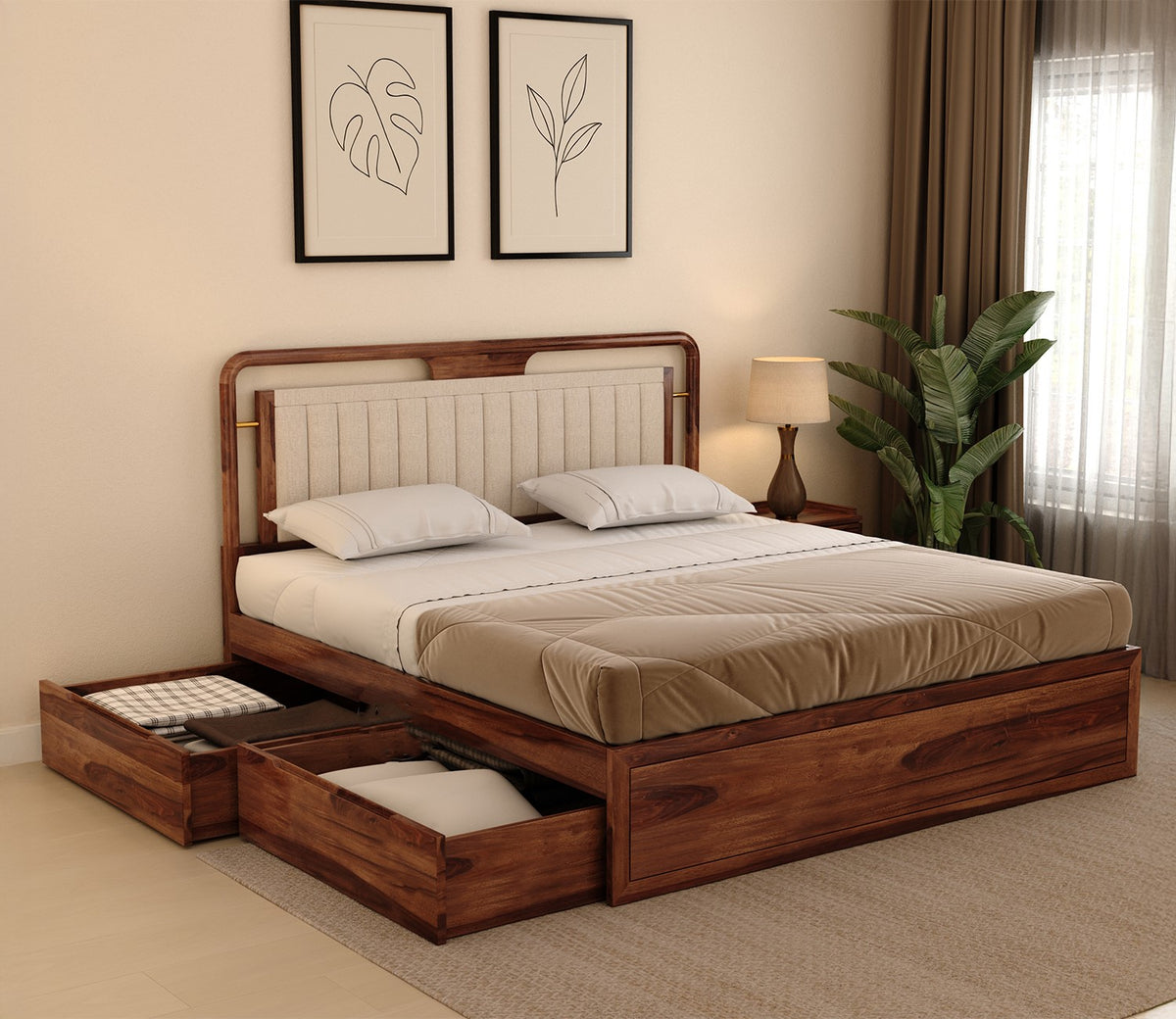 Suryavanshi Sheesham Wood Bed with Upholstered Headboard & Drawer Storage - Honey [King Size]
