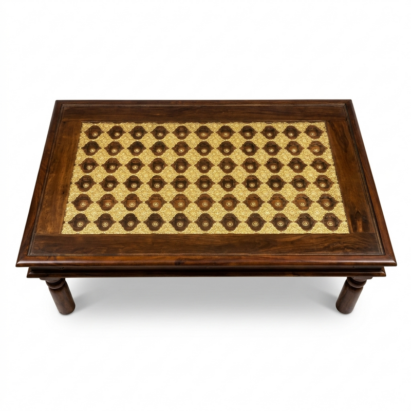 Stratford Sheesham Wood Center Table with Glass Top and Ornate Brass Work – Handcrafted Style