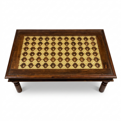 Stratford Sheesham Wood Center Table with Glass Top and Ornate Brass Work – Handcrafted Style